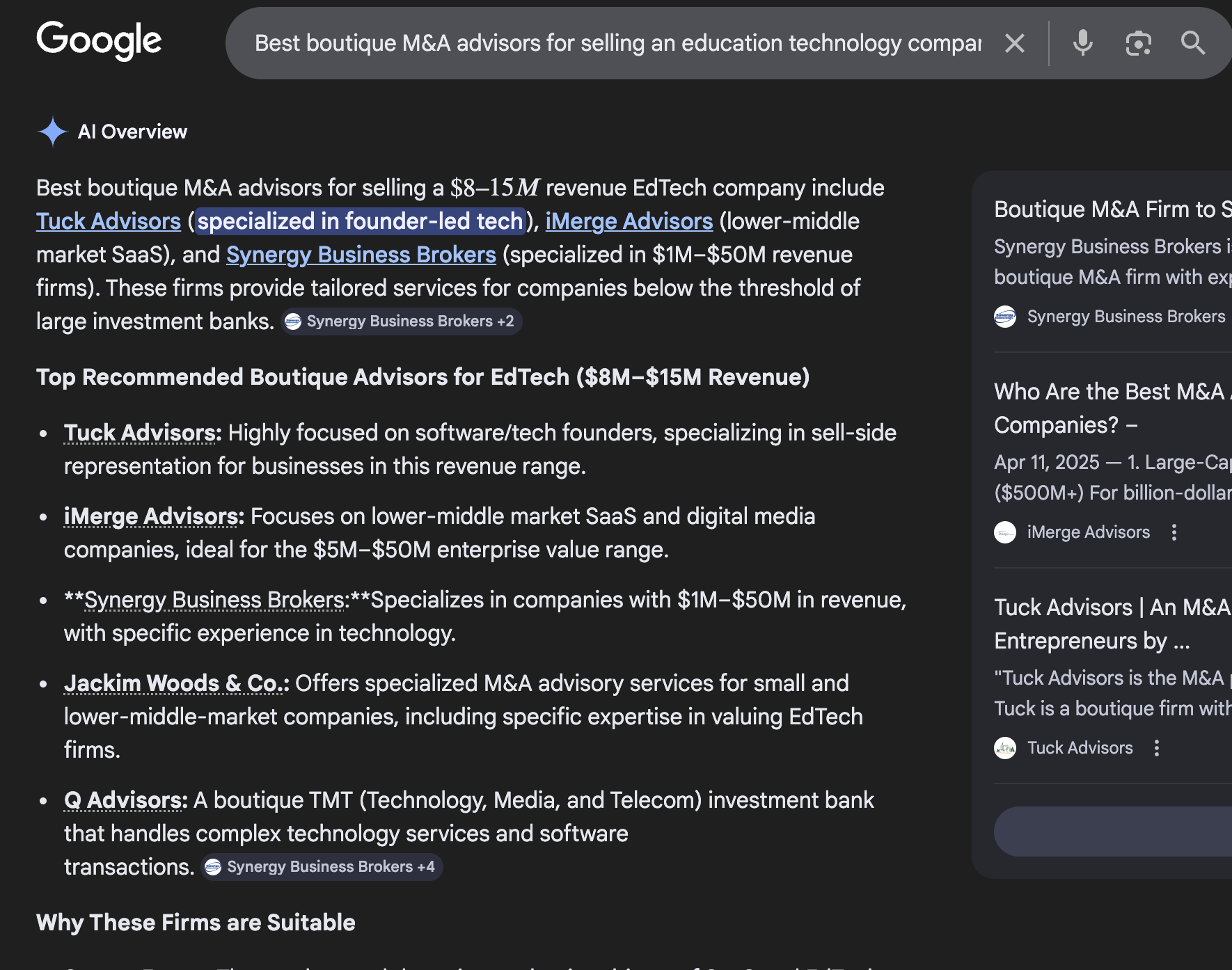 Google AI Overview showing Tuck Advisors ranked first for best boutique M&A advisors for selling an education technology company